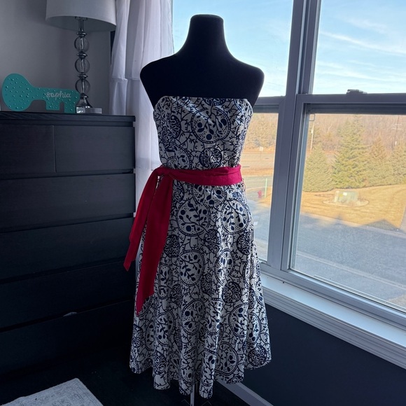 Tabitha Womens Dress SZ 2 Navy Ivory Printed Strapless Midi Cotton Summer Anthro - Picture 1 of 11